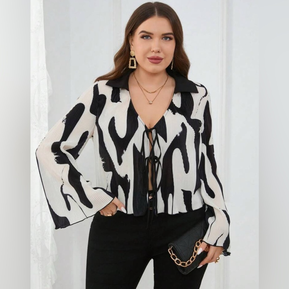 SHEIN Black and White Bell Sleeve Blouse with Tie Front